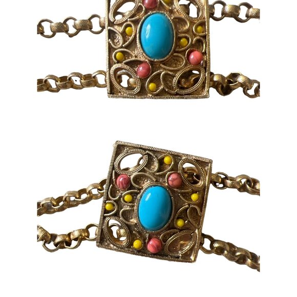 Vintage Egyptian Revival Gold Tone Chain Belt Turquoise Yellow Coral Cabochons main image 7